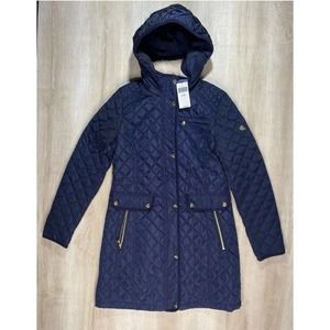 Polo Ralph Lauren Women XS Quilted Trench Coat Faux Fur Lined Navy Blue Jacket